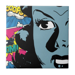 Pop Art Expression in Retro Comic Style Blue Woman Tile