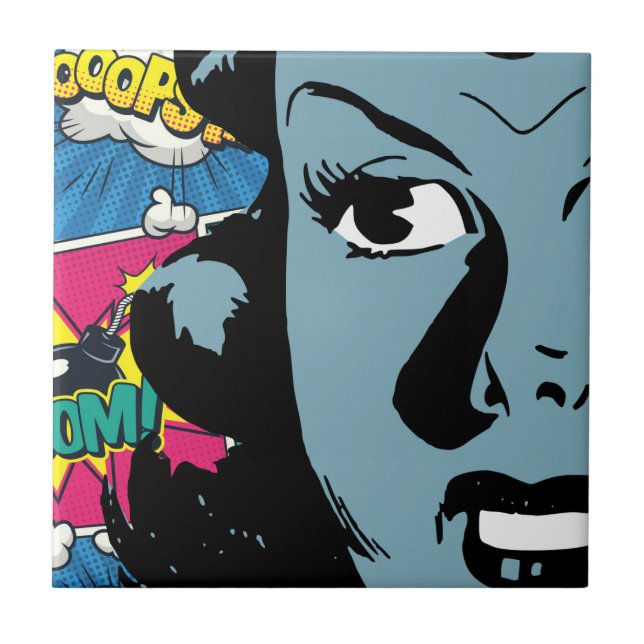 Pop Art Expression in Retro Comic Style Blue Woman Tile (Front)
