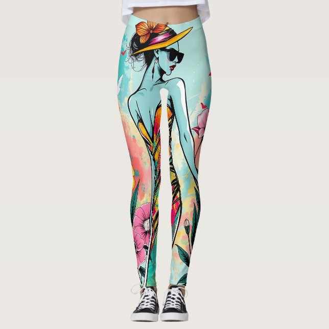 Pop Art Fashion Girl | Edgy Summer Floral Yoga Leggings (Front)