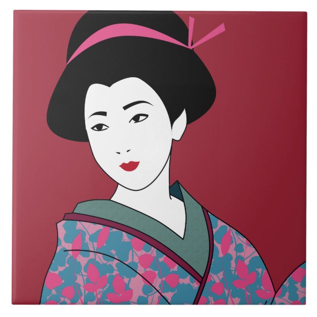 Pop Art Geisha in Floral Kimono Custom Tile (Front)