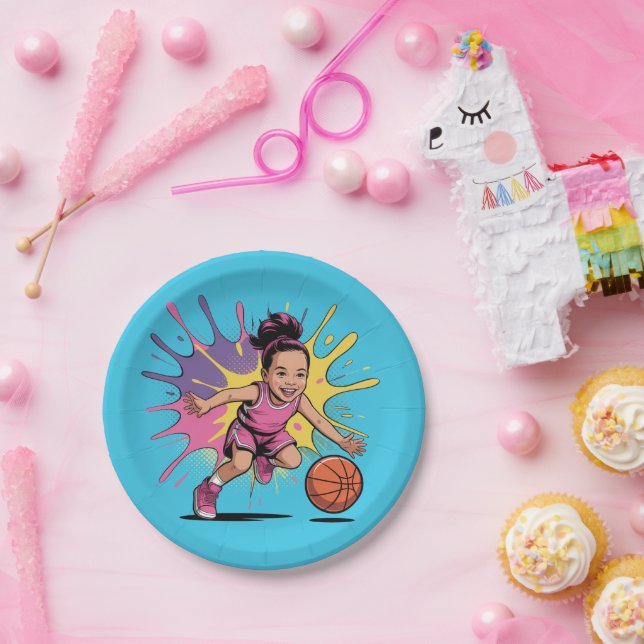 Pop Art Girl Basketball Birthday Bash Paper Plate (Party)