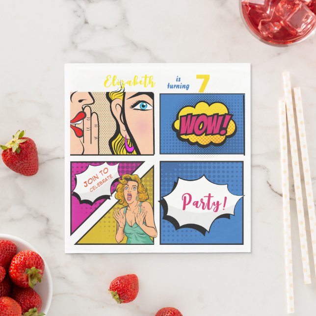 Pop art girl comic birthday napkin (Insitu)