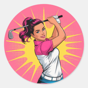 Pop Art Girl Golfer Birthday Party Classic Round Sticker