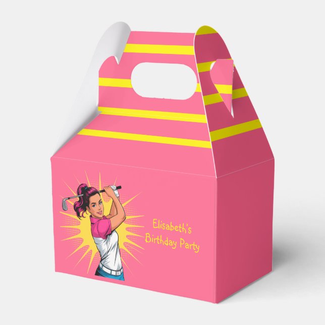 Pop Art Girl Golfer Birthday Party Favour Box (Front Side)