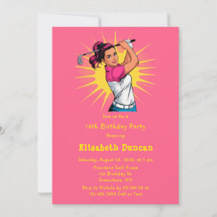 Pop Art Girl Golfer Birthday Party Invitation