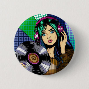 Pop Art Girl with Record 6 Cm Round Badge