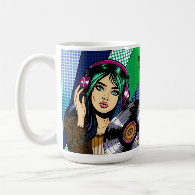 Pop Art Girl with Record Personalised Coffee Mug (Left)