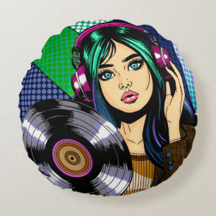 Pop Art Girl with Record Round Cushion