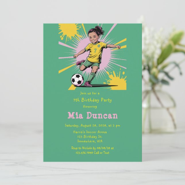 Pop Art Girls Soccer Birthday Party Invitation (Standing Front)