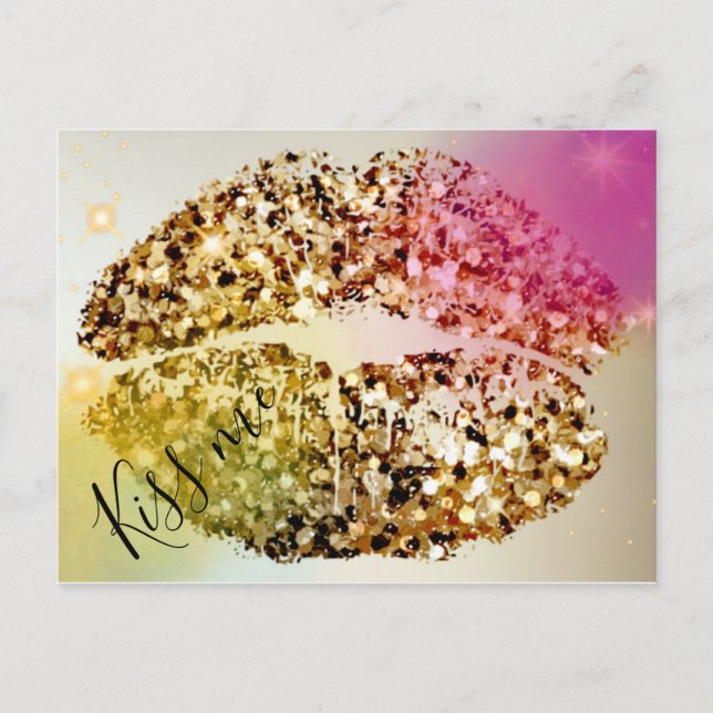 Pop Art Glittery Glam Faux Gold Kiss Me Postcard (Front)