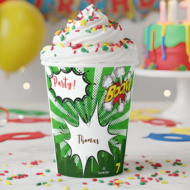 Pop art green comic birthday paper cups (Creator Uploaded)
