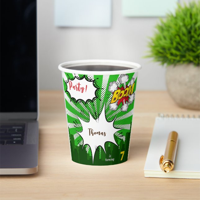 Pop art green comic birthday paper cups (Insitu)