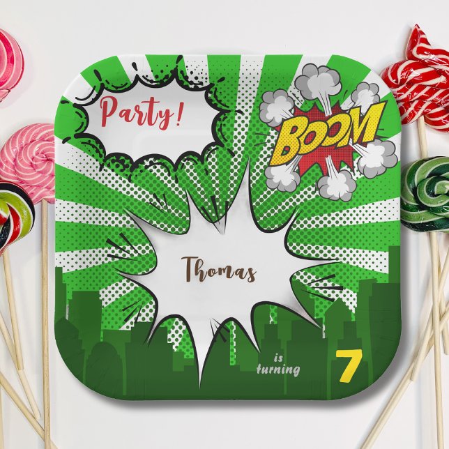 Pop art green comic birthday paper plate (Creator Uploaded)