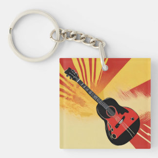 Pop Art Guitar Painting Illustration Vintage Retro Key Ring