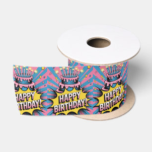 Pop Art Happy Birthday Cake Satin Ribbon
