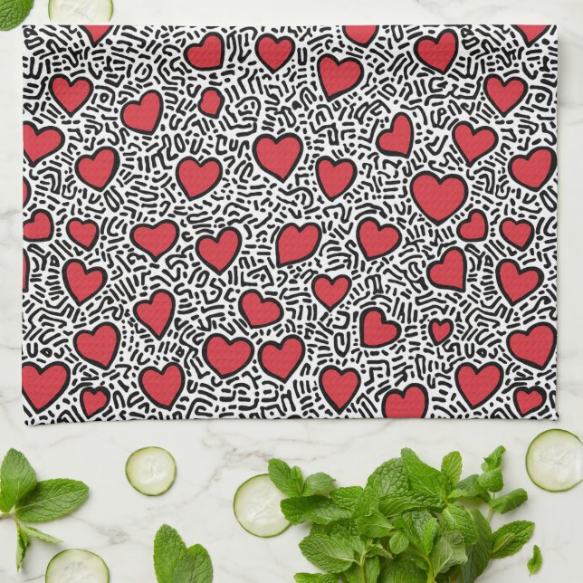 Pop Art Heart Pattern Tea Towel (Folded)