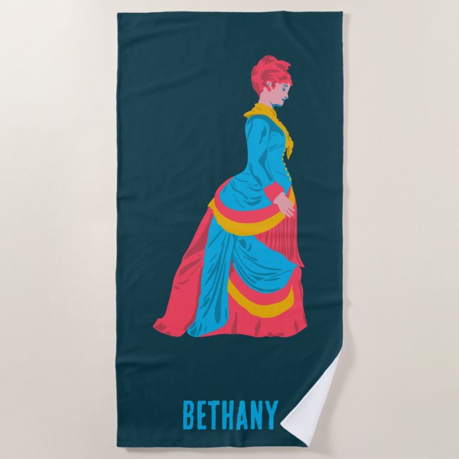 Pop Art Historical Woman in Bustle Dress Custom Beach Towel (Front)