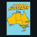 Pop Art Illustrated Australia  Poster<br><div class="desc">This illustrated map of Australia is rendered in a vibrant pop art style. The map is outlined in black and filled with a bright yellow colour,  set against a blue background with a dotted pattern. The major cities of Australia are labelled in blue boxes</div>