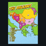 Pop Art Illustrated Balkans map Photo Print<br><div class="desc">A stylised map of the Balkan region,  featuring a pop art aesthetic with bold outlines and a dotted background. The map is divided into 13 numbered regions,  each representing a different country.</div>