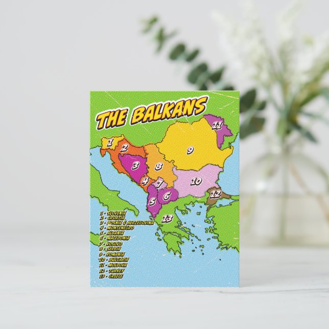 Pop Art Illustrated Balkans map Postcard (Standing Front)