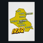 Pop Art Illustrated Iraq map Poster<br><div class="desc">This visually striking map of Iraq is a fusion of geography and pop art. Bold colours,  iconic imagery,  and playful typography come together to create a unique and captivating piece.</div>