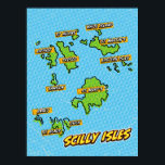 Pop Art Illustrated Scilly Isles map Poster<br><div class="desc">Pop Art Illustrated Scilly Isles UK map in a beautiful vintage worn style.</div>