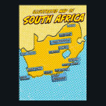 Pop Art Illustrated South Africa Poster<br><div class="desc">This illustrated map of South Africa is rendered in a vibrant pop art style. The map is outlined in black and filled with a bright yellow colour, set against a blue background with a dotted pattern. The major cities of South Africa are labelled in blue boxes.</div>
