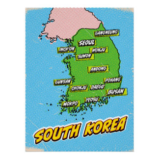 Pop Art Illustrated South Korea map Poster