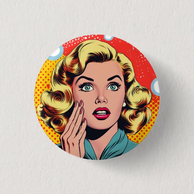 Pop art inspired badge, pin button, fun badge (Front)