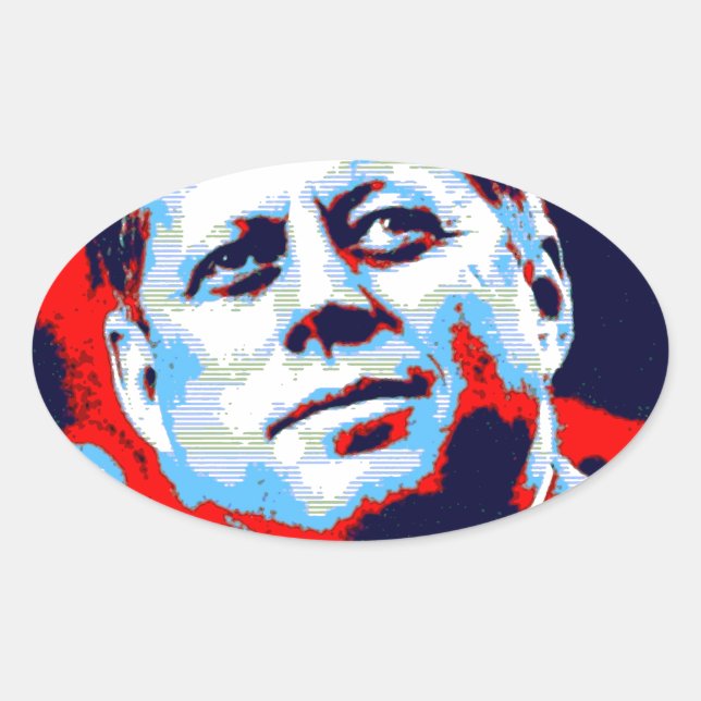 Pop Art JFK John F. Kennedy Red Blue Oval Sticker (Front)