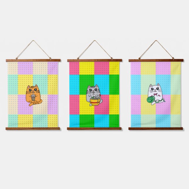 Pop Art Kawaii Cat with Boba Tea, Ramen and Crafts Hanging Tapestry (Triple)