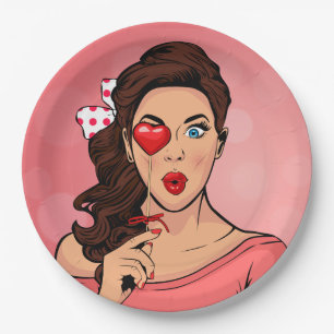 Pop Art Lady Heart Lollipop Paper Plate