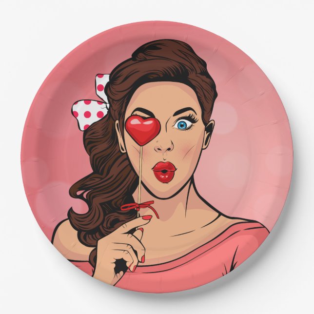 Pop Art Lady Heart Lollipop Paper Plate (Front)