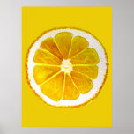Pop art lemon fruit slice original watercolour poster<br><div class="desc">A cute and colourful vibrant yellow lemon  citrus fruit slice from an original painting by artist Sacha Grossel. This large pop art style fruit is yellow and very bright and colourful against a customisable lemon yellow coloured background. Quirky and original.</div>