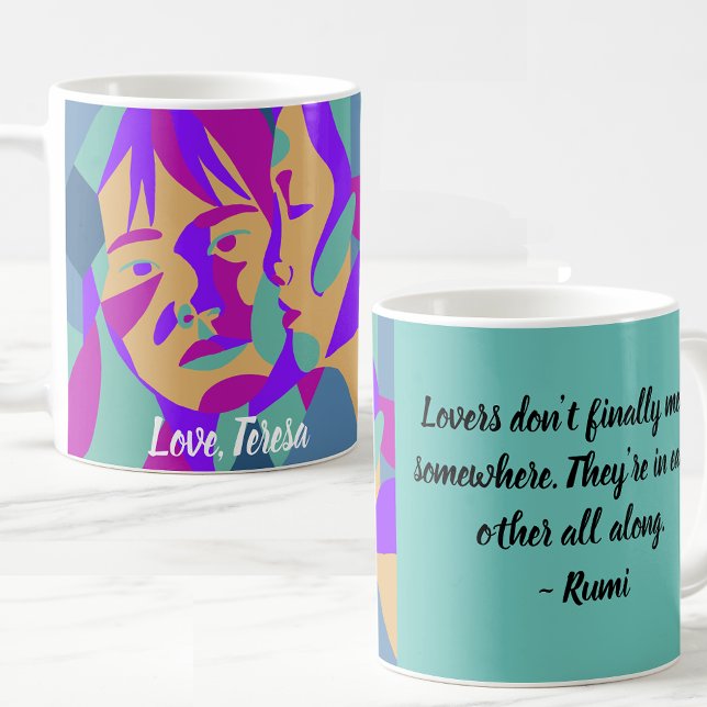 Pop Art Lesbian Valentine’s Day | Rumi Quote Coffee Mug (Colorful pop art image of two women with a touching Rumi quote.)