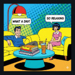 Pop Art Lounge Poster<br><div class="desc">A high-quality graphic of a lounge scene in a pop art style. The lounge features plush,  rounded furniture in primary colours and two figures seated on a large yellow sofa with speech bubbles above their heads.</div>