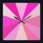 Pop Art Modern 60s Funky Geometric Rays in Pink Square Wall Clock<br><div class="desc">This hip,  retro 60s-inspired pop art square clock has psychedelic pink rays / sunbursts shooting out in a geometric pattern. There are twelve rays to mark the time - no need for numbers on this funky,  minimalist,  ultra-mod,  girly clock. It's groovy,  baby.</div>