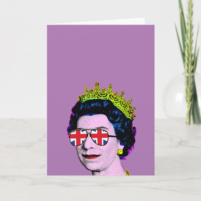 Pop Art Modern Fun HM Queen in Union Jack glasses  Card (Front)