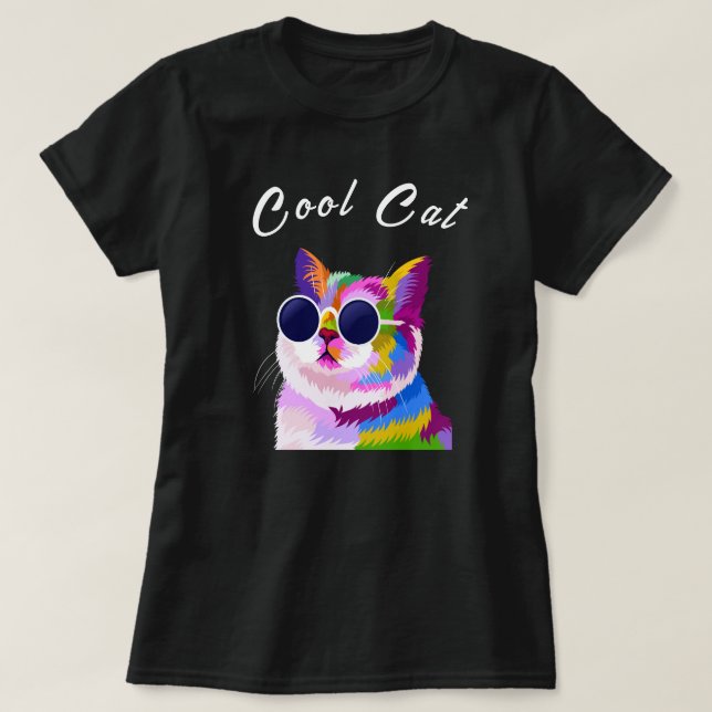 Pop Art Modern Multicolor Editable Cool Cat T-Shirt (Design Front)
