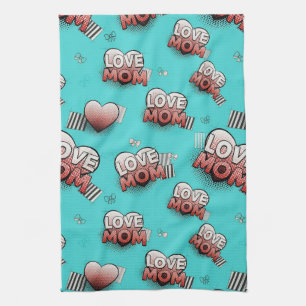Pop Art MOM Love Pattern in Turquoise (8) Tea Towel