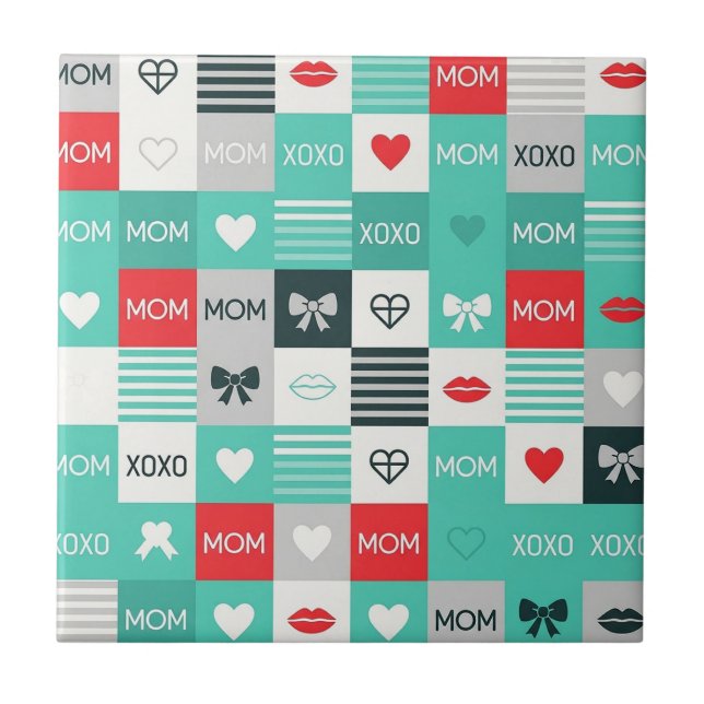 Pop Art MOM Love Pattern with Hearts & Bows Tile (Front)