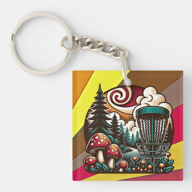Pop Art Mushrooms and Disc Golf Course Ai Art Key Ring (Front)