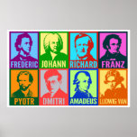 Pop Art Music Composers | Bright Mod Poster<br><div class="desc">Bright colors add a modern pop art spirit to these graphic stylized portraits of famous musical composers. Each portrait is designed featuring two different intense colors and has the artists first name placed below in a bold, clean font. Eight composers are featured: Chopin, Bach, Wagner, Schubert, Tchaikovsky, Shostakovich, Mozart, and...</div>