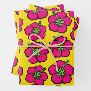 Pop Art Neon Pink Hibiscus Floral Wrapping Paper S