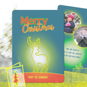 Pop Art Neon Reindeer Two Photo Christmas Holiday Card