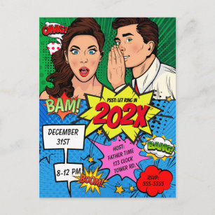 Pop Art New Years Eve Party Comic Postcard