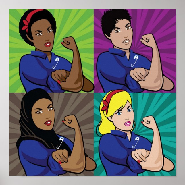 Pop art of multicultural Rosie the Riveters wearin Poster (Front)