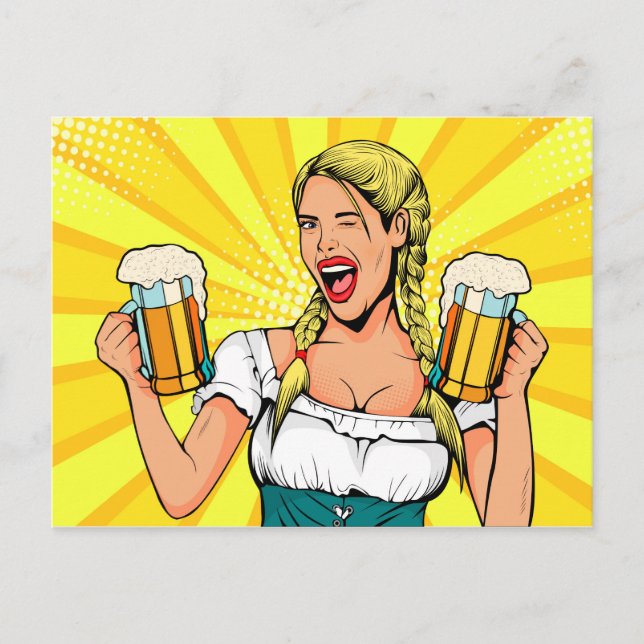 Pop Art Oktoberfest Woman with Beer Postcard (Front)