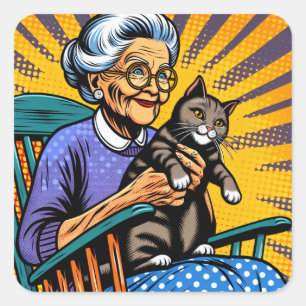 Pop Art Old Lady in Rocking Chair with Cat Square Sticker