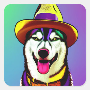 Pop Art Painting of a Husky Dog Wearing a Hat Square Sticker